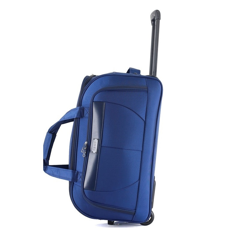 Blue suitcase with a handle on a white background