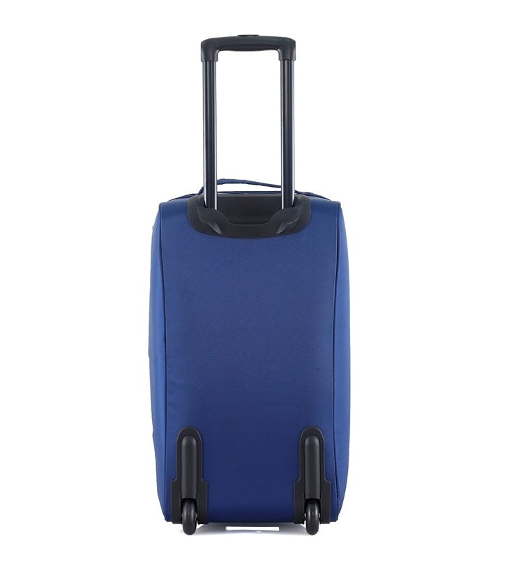 Blue suitcase with black wheels and handle on a white background