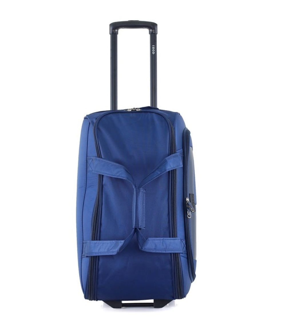 Blue suitcase with wheels on a white background