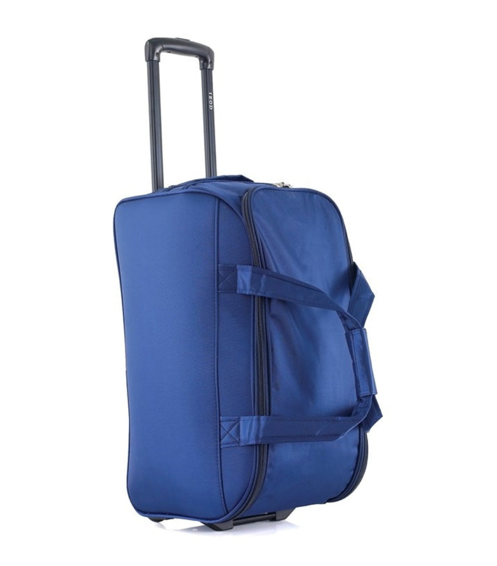 Blue suitcase with wheels on a white background