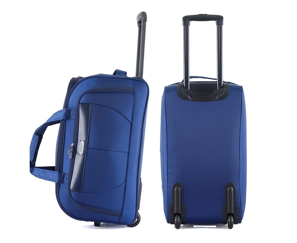 Blue suitcase with wheels and handle on a white background
