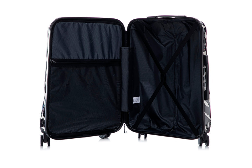 Black open suitcase on a white background