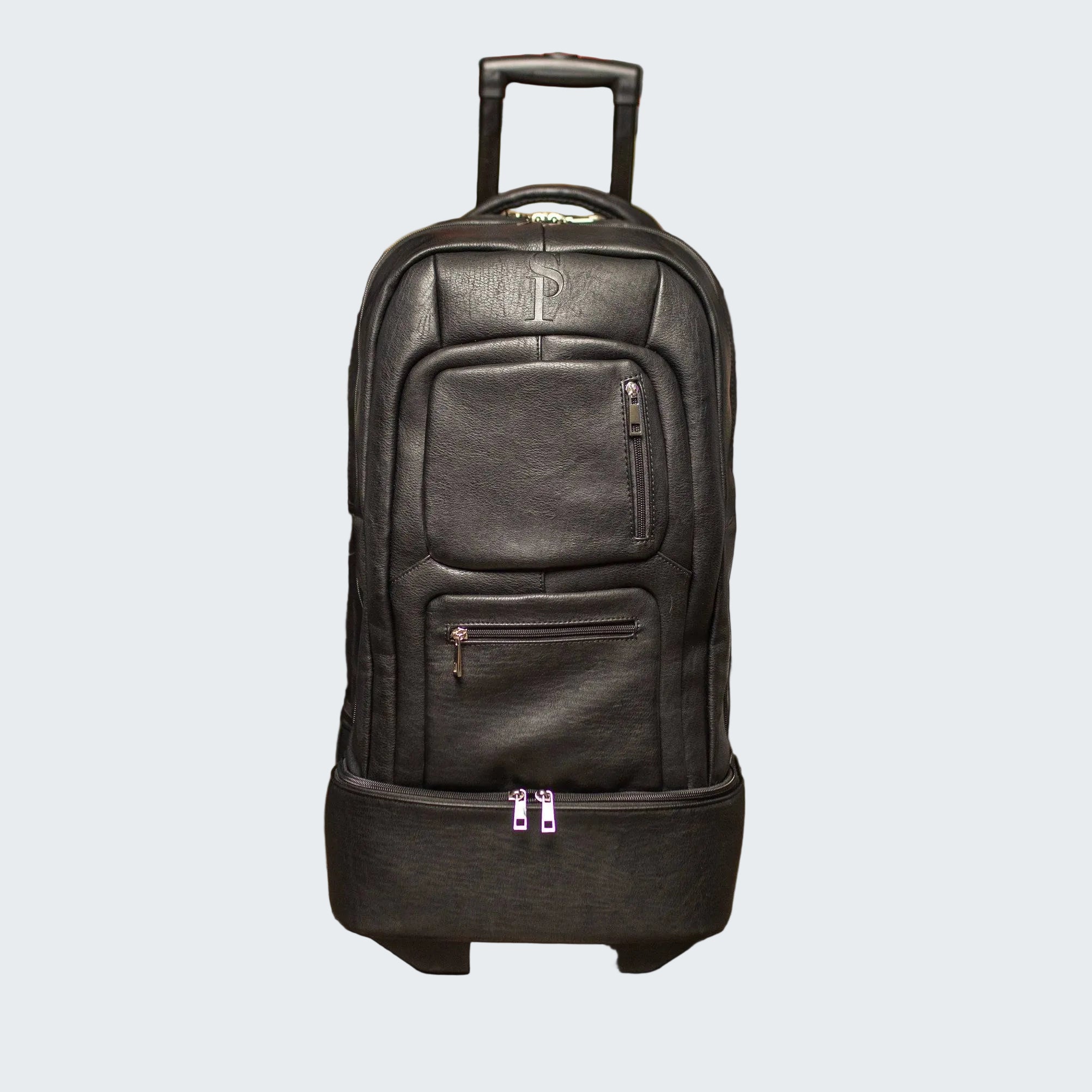 Black rolling backpack in a shoe store with shelves of shoes in the background