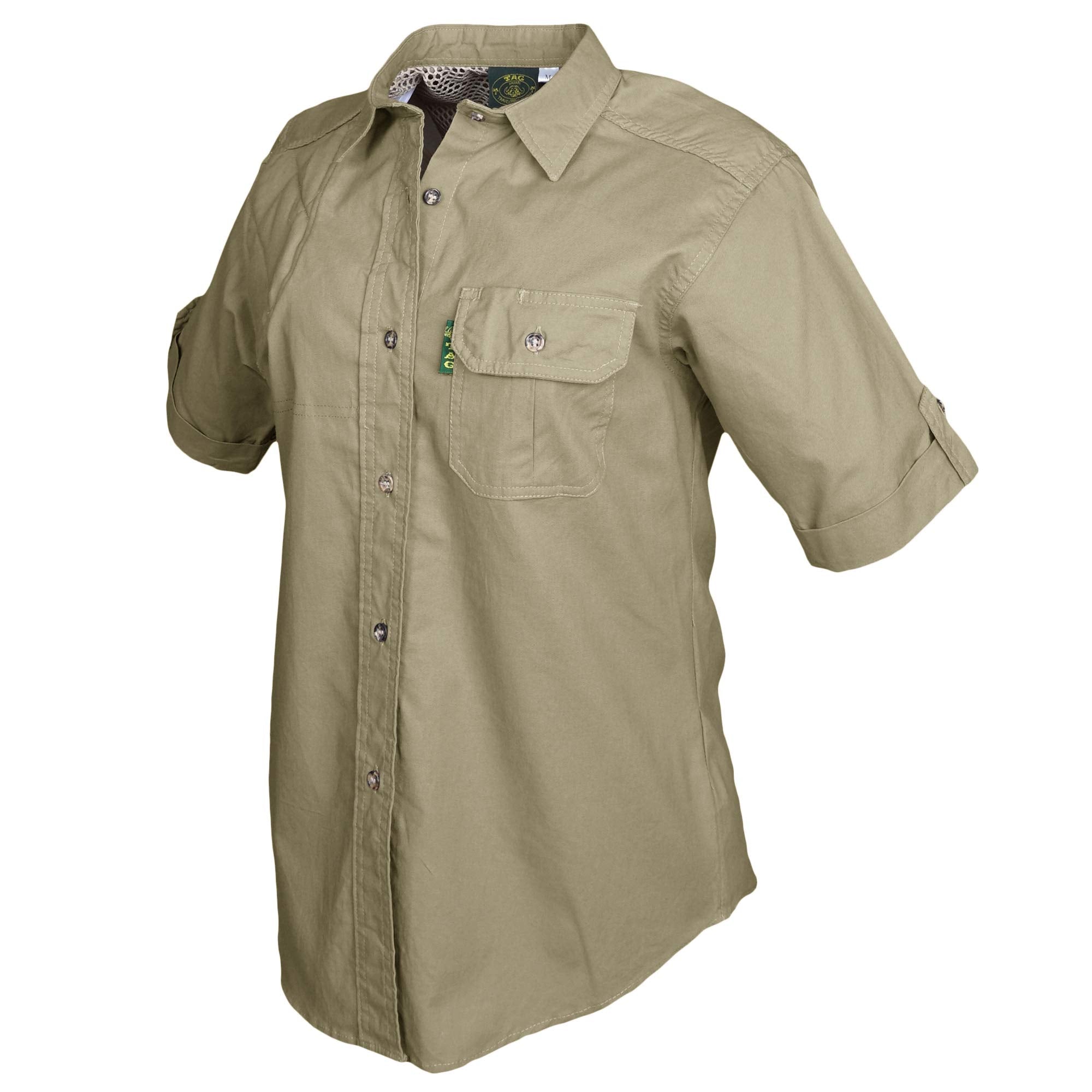 Khaki short-sleeve shirt with a pocket on a white background