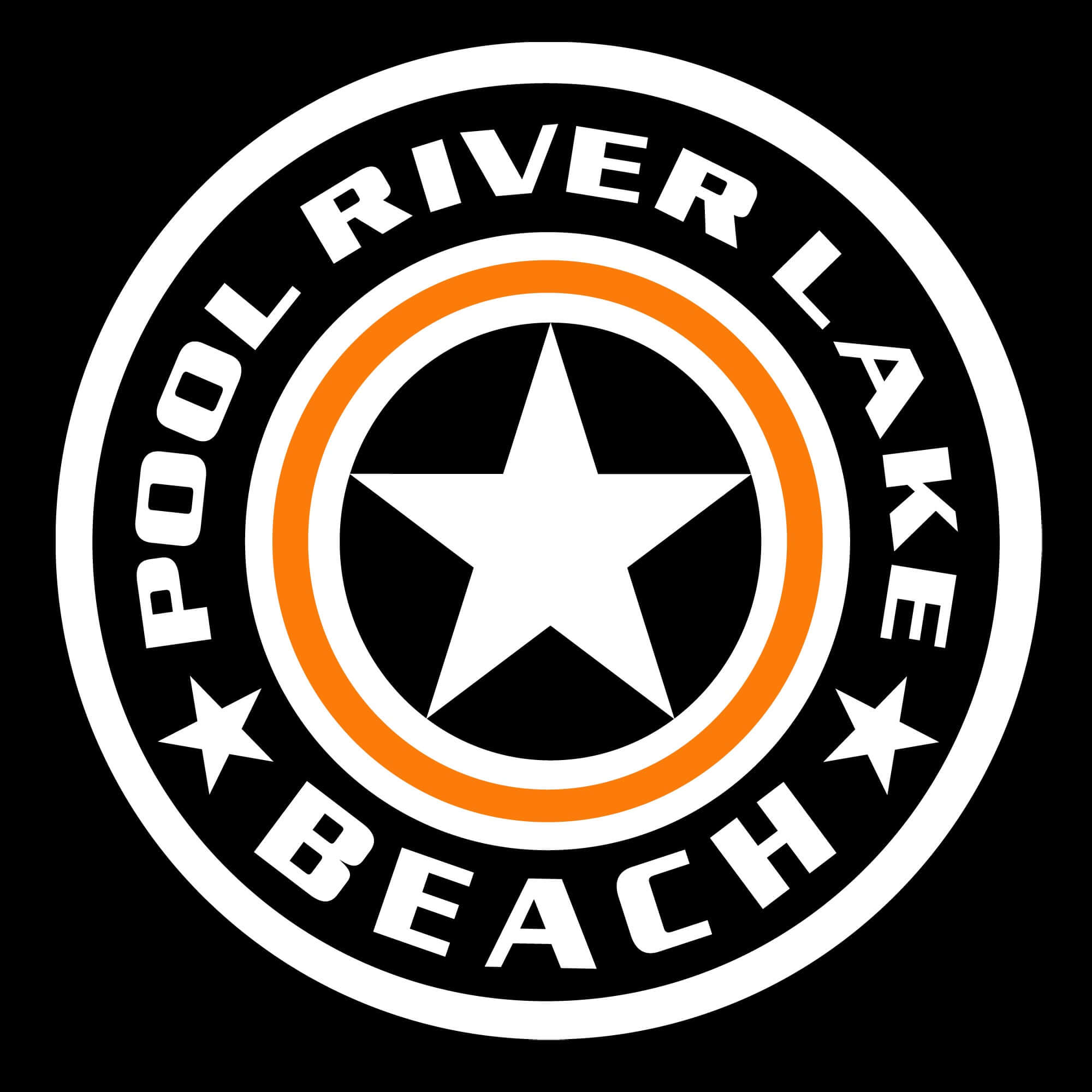 Circular logo with 'Pool River Lake Beach' text and a star in the center on a black background