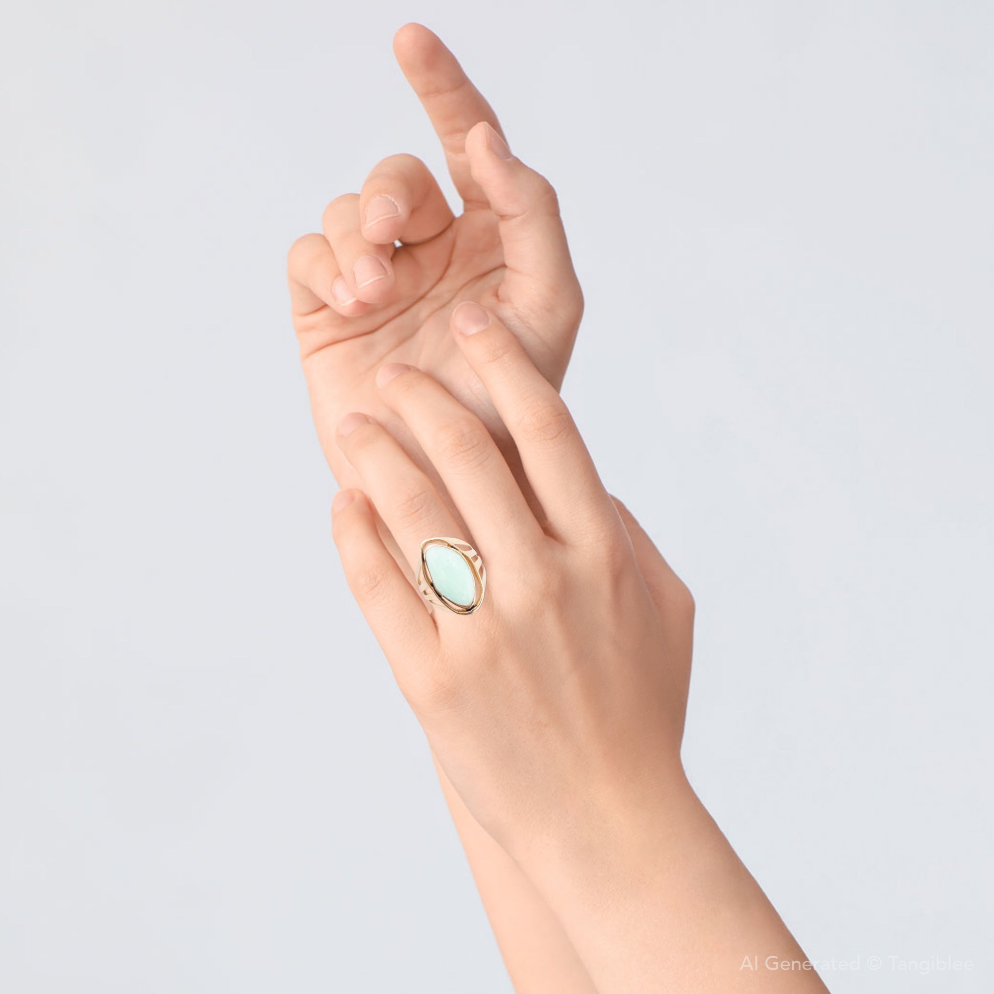 Hand wearing a gold ring with a green gemstone on a light gray background