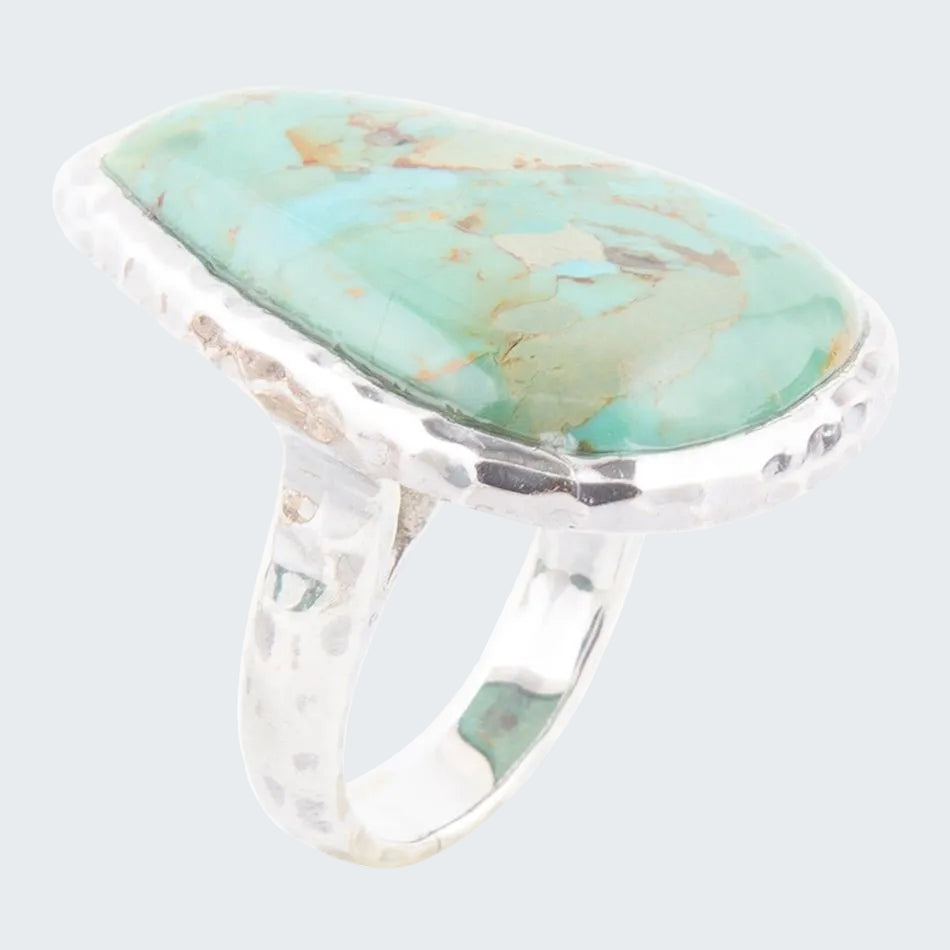 Ring with a turquoise stone and silver band on a white background