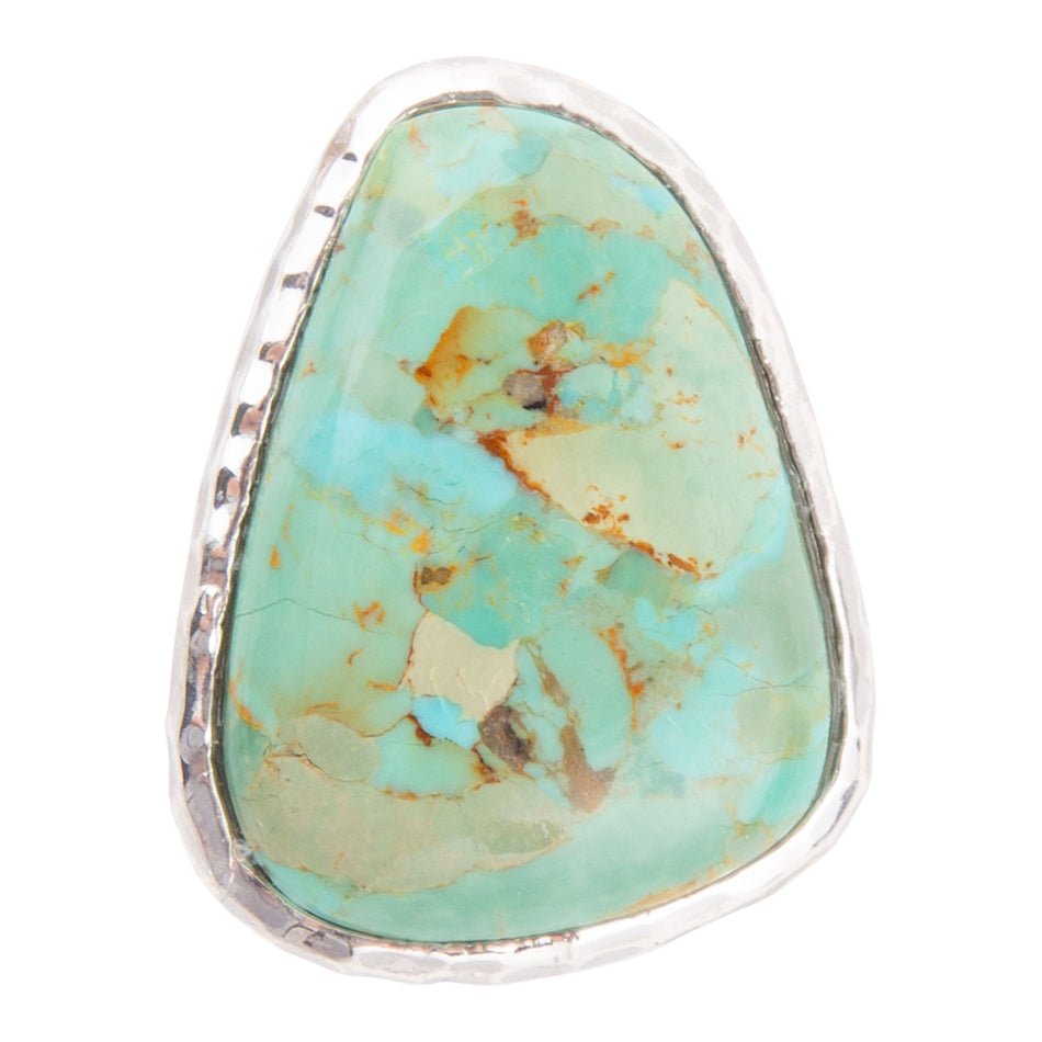 Turquoise stone ring with silver band on a white background