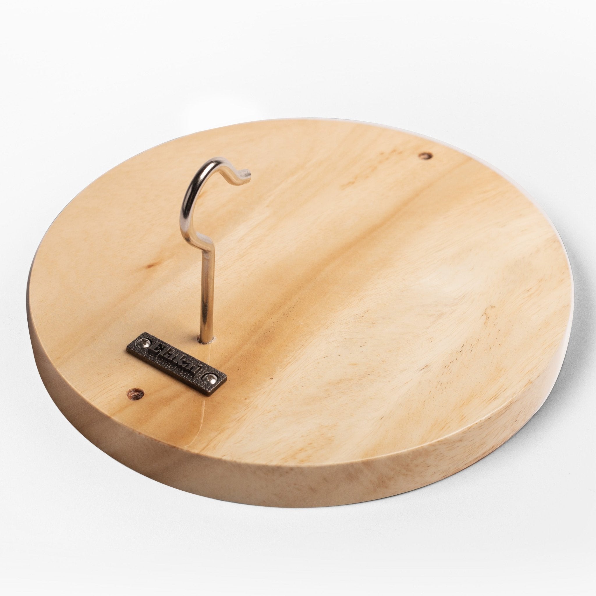 A round light wood display stand with a metal hook and a small black brand plaque reading 'HARPER & SON' on a white background.