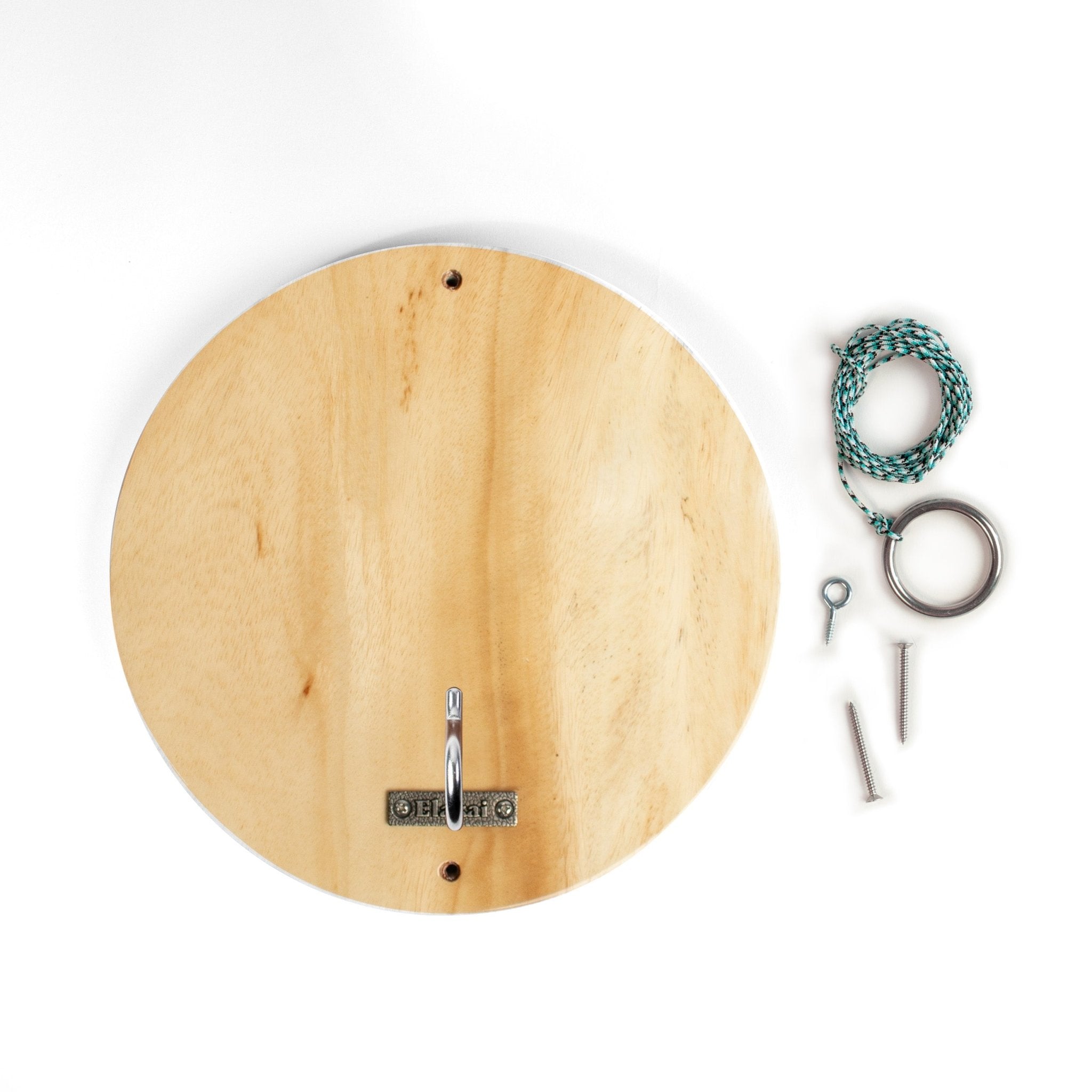 A round natural wood wall hook with a metal hanging bracket, shown with included hardware and a braided hanging rope on a white background.