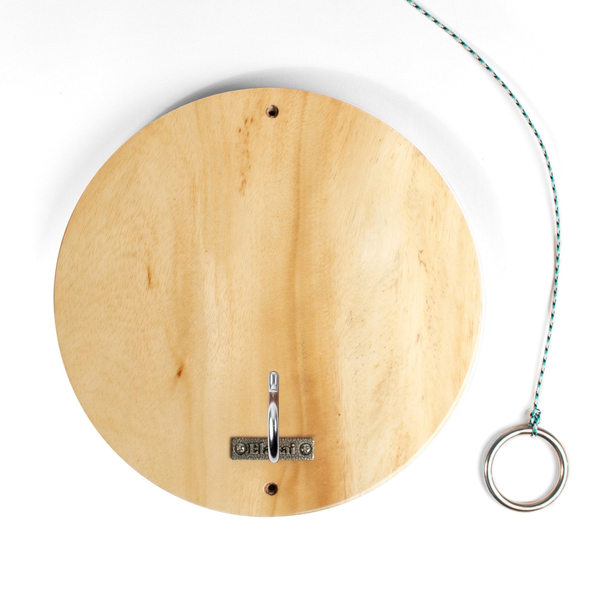 A round natural wood pegboard with a single metal hook and a hanging string with a metal ring, shown on a white background.