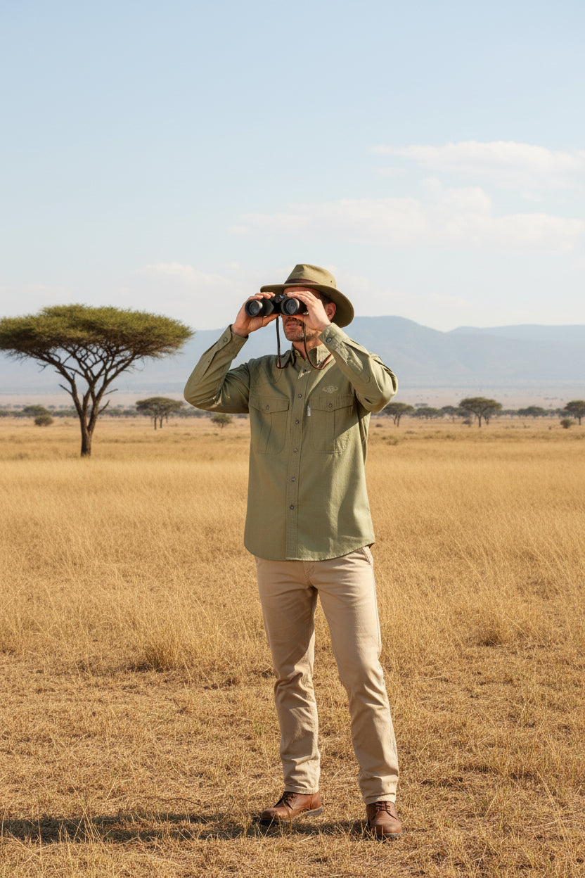 Khaki shirt with button details on a white background