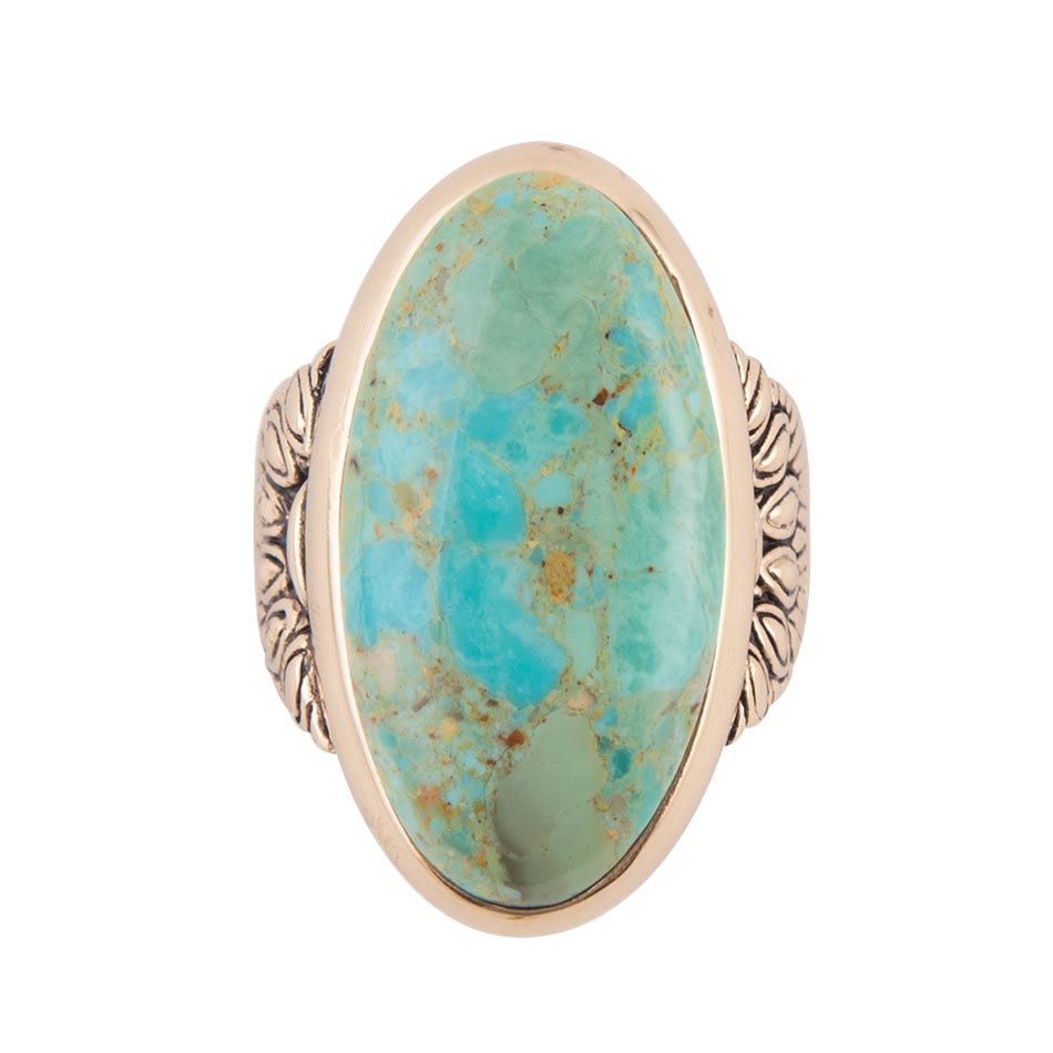 Ring with turquoise stone and gold band on a white background