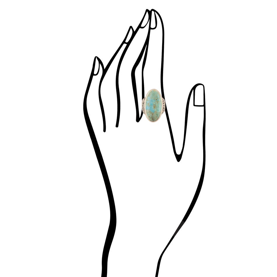Line drawing of a hand with a ring on a white background