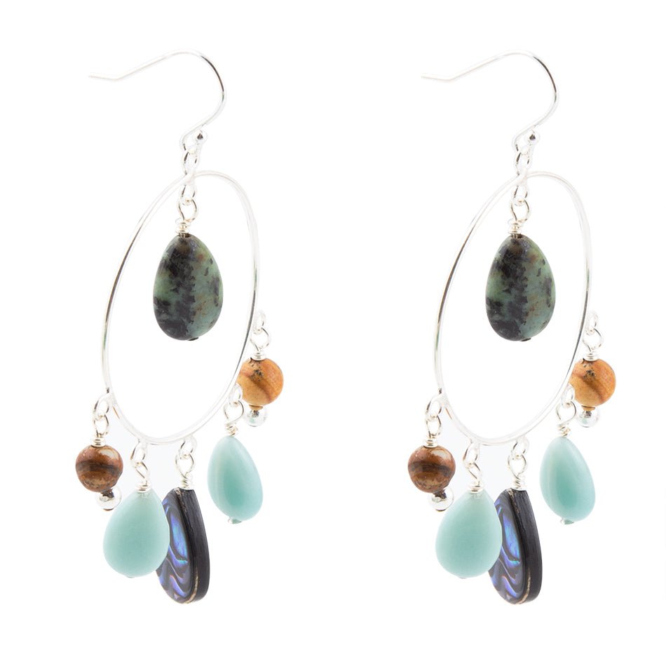 Pair of earrings with green and brown beads on a white background