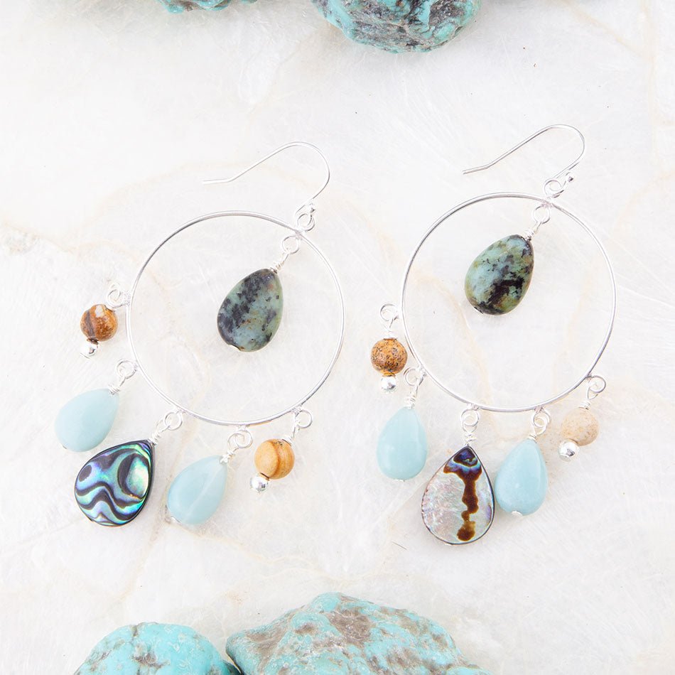 Earrings with natural stone beads on a white background
