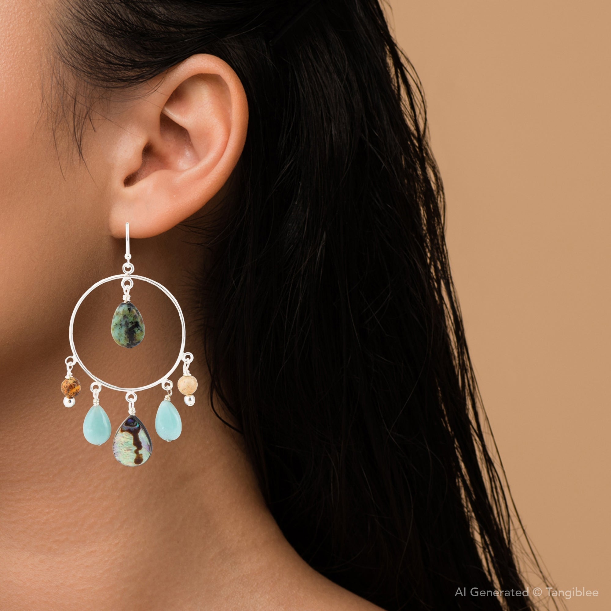 Earring with colorful stones worn by a person against a brown background