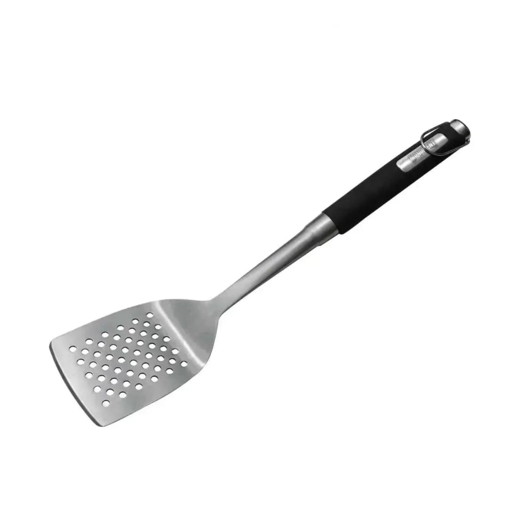 Metal spatula with a black handle on a white background