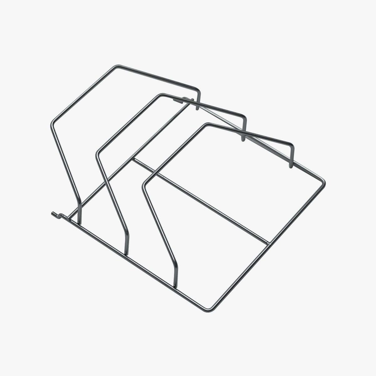 Three black metal wire racks on a white background