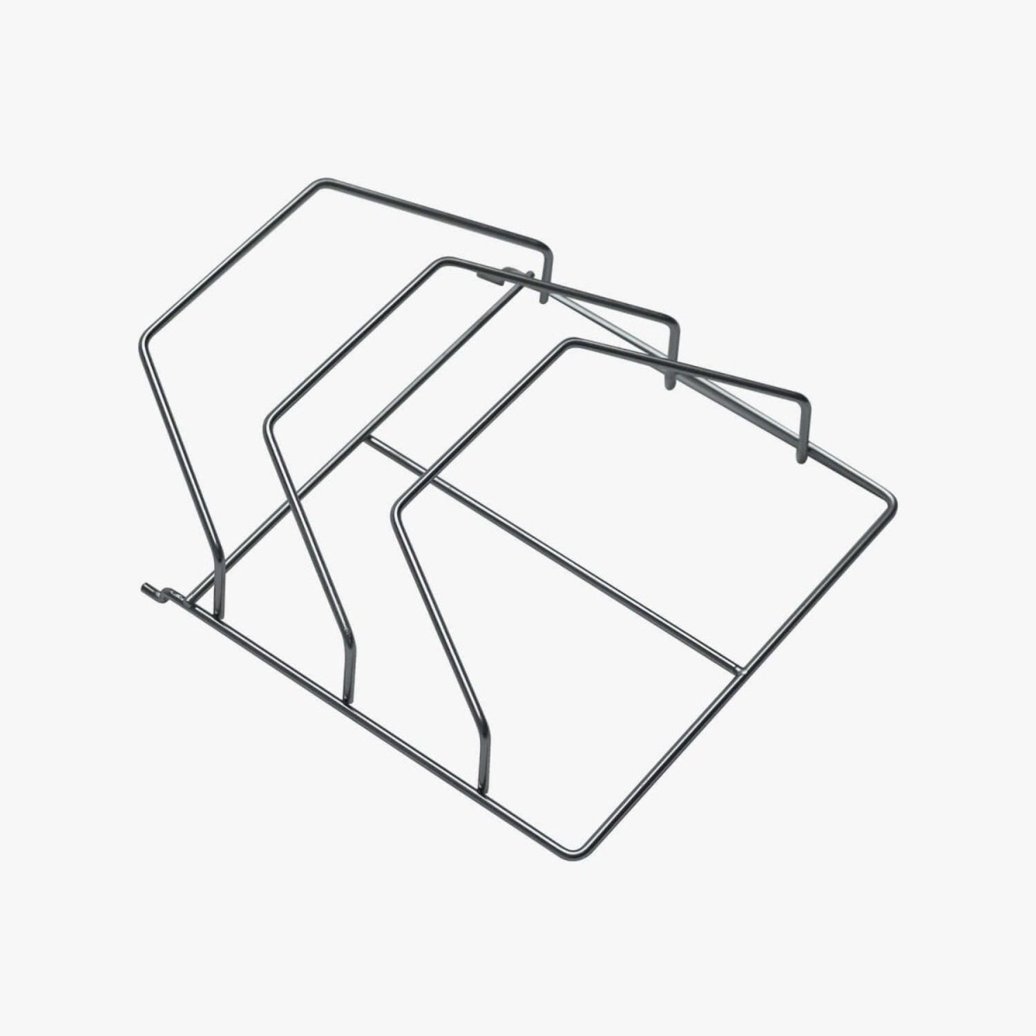 Three black metal wire racks on a white background
