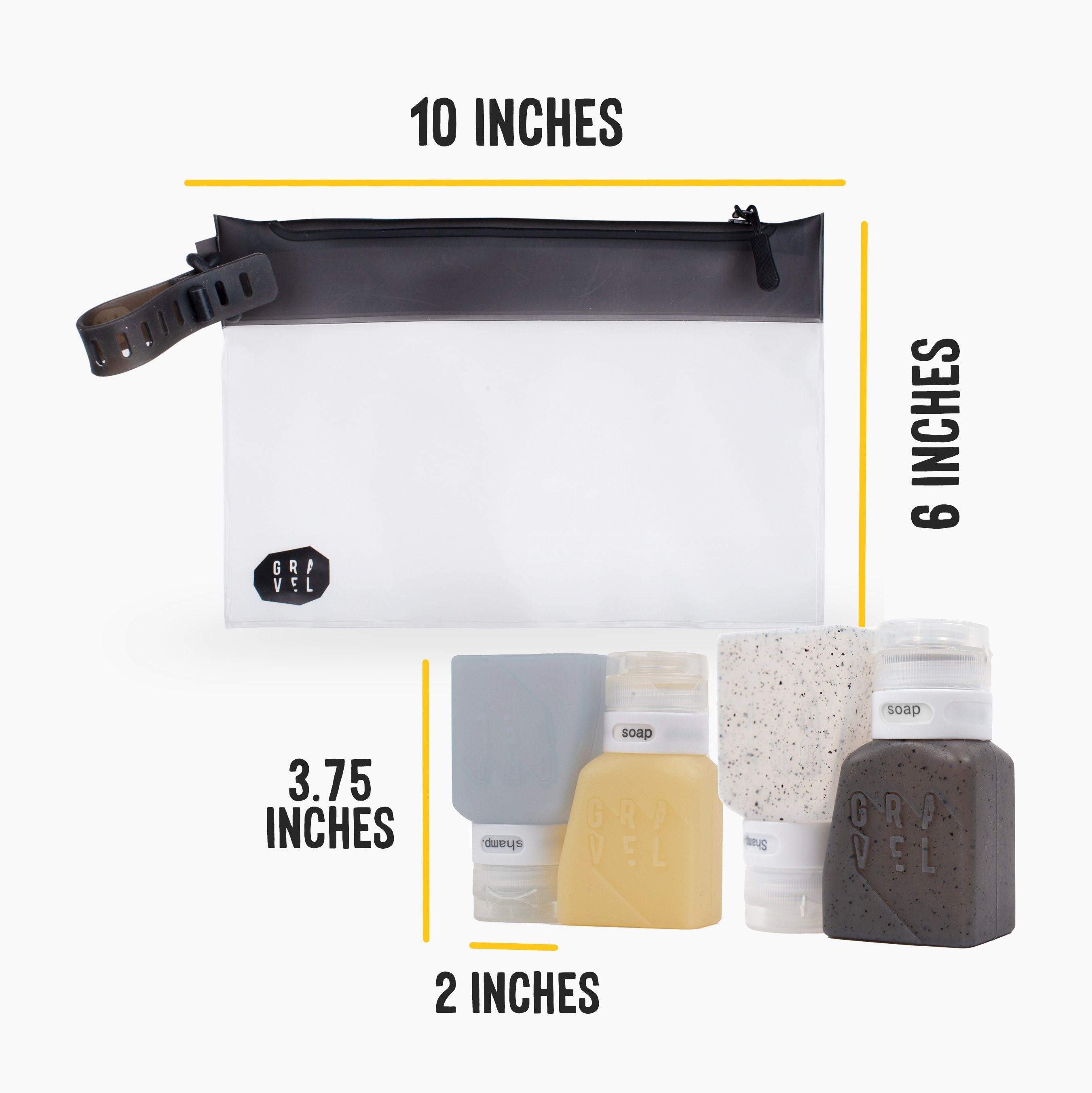 Clear drawstring bag with dimensions and samples of products on a white background