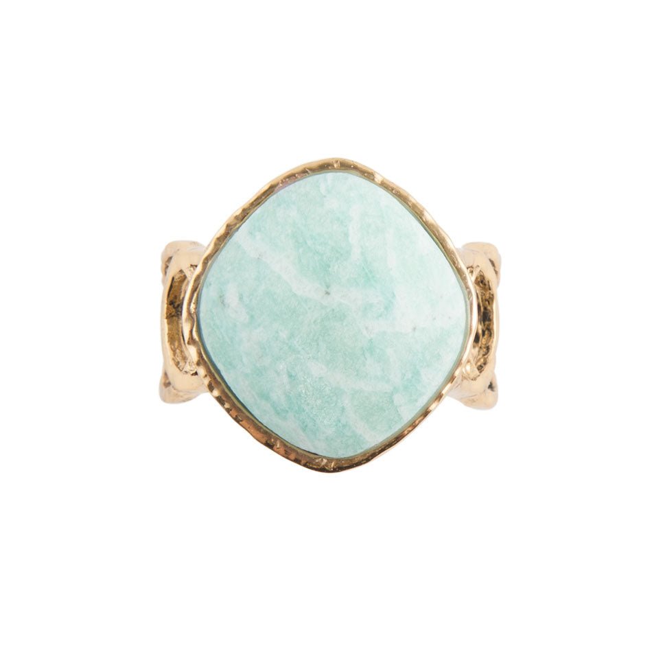 Ring with a green stone and gold band on a white background