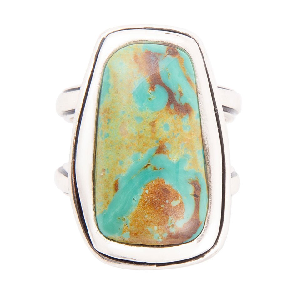 Ring with a rectangular turquoise stone on a white background