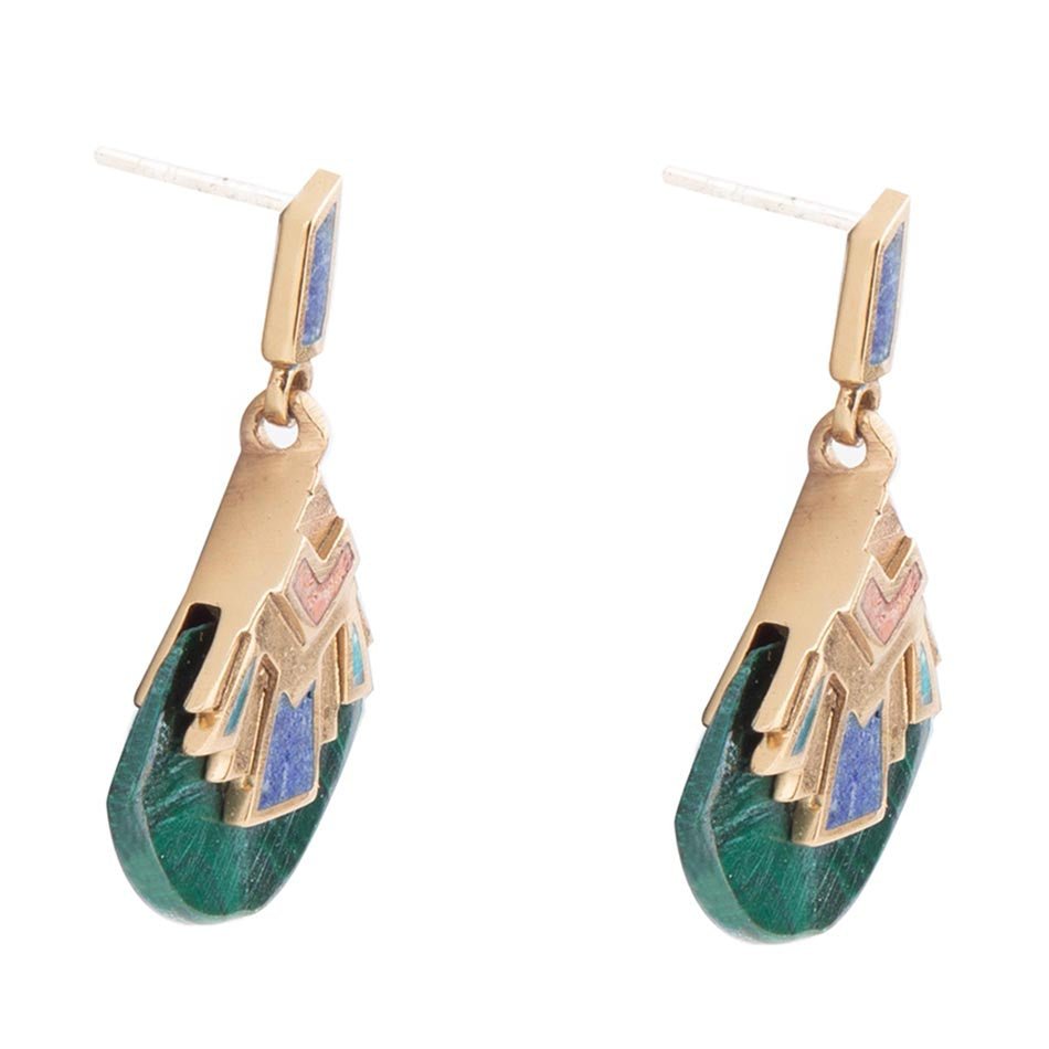 Gold and green teardrop earrings on a white background