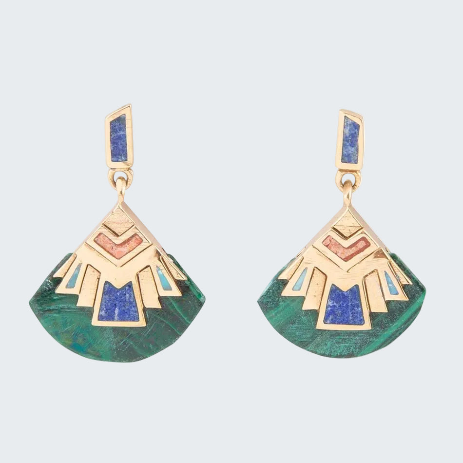Gold and green earrings with geometric design on a white background