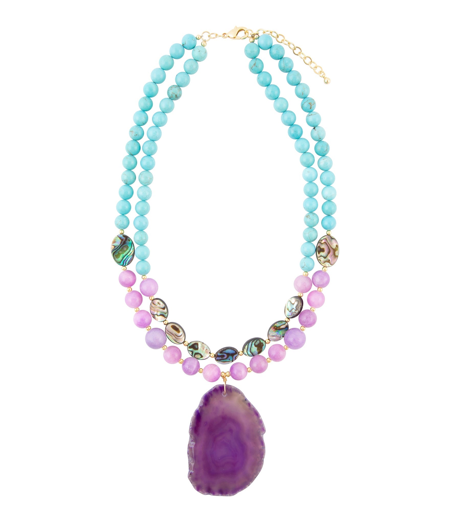 Necklace with turquoise, pink, and purple beads on a white background