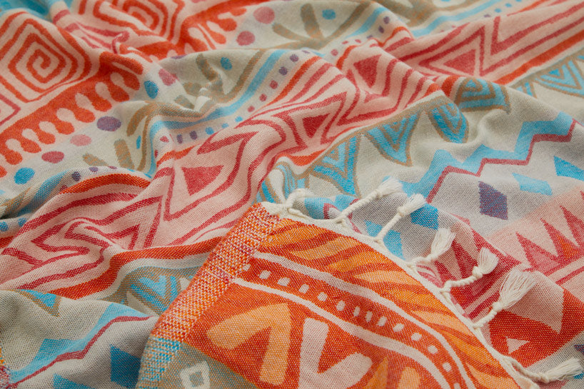 Close-up of colorful fabric with tribal patterns