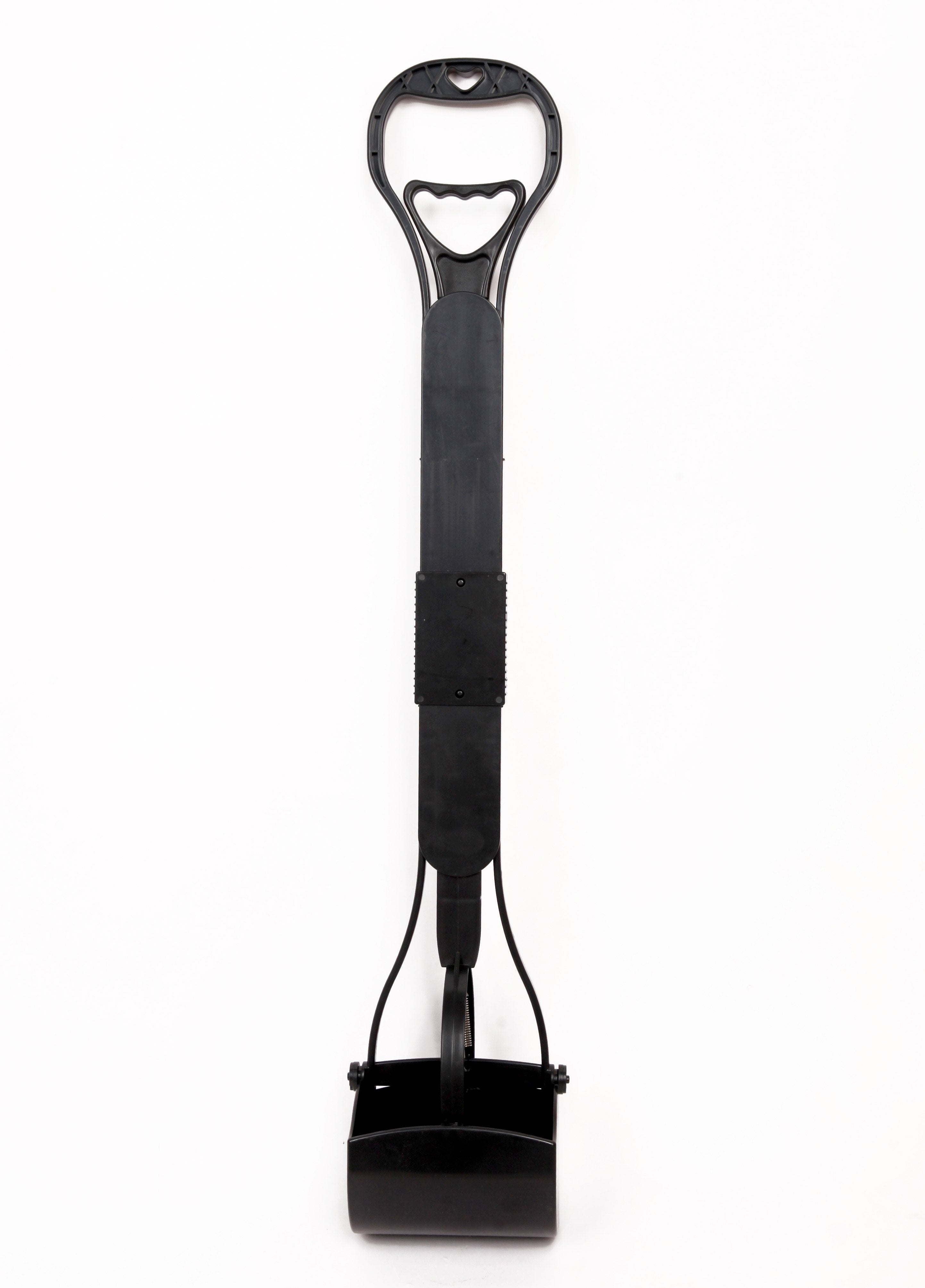 Black dog pooper scooper with a handle on a white background