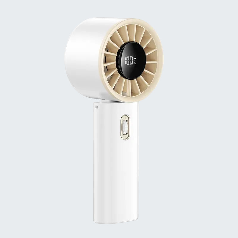 Portable fan with white body and beige accents on a white background