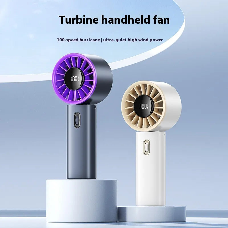 Two turbine handheld fans with digital displays on a light blue background