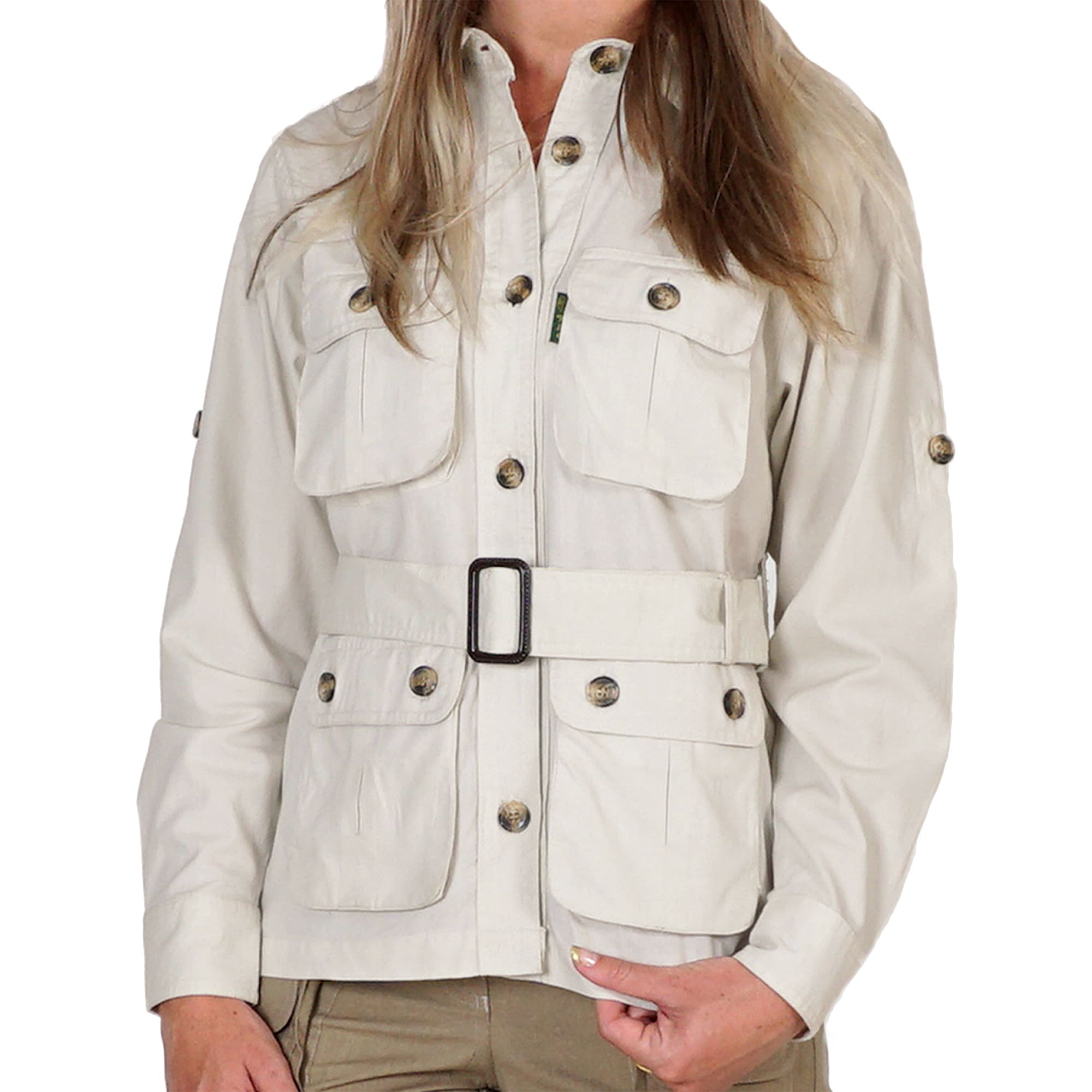 Beige safari jacket worn by a person on a white background