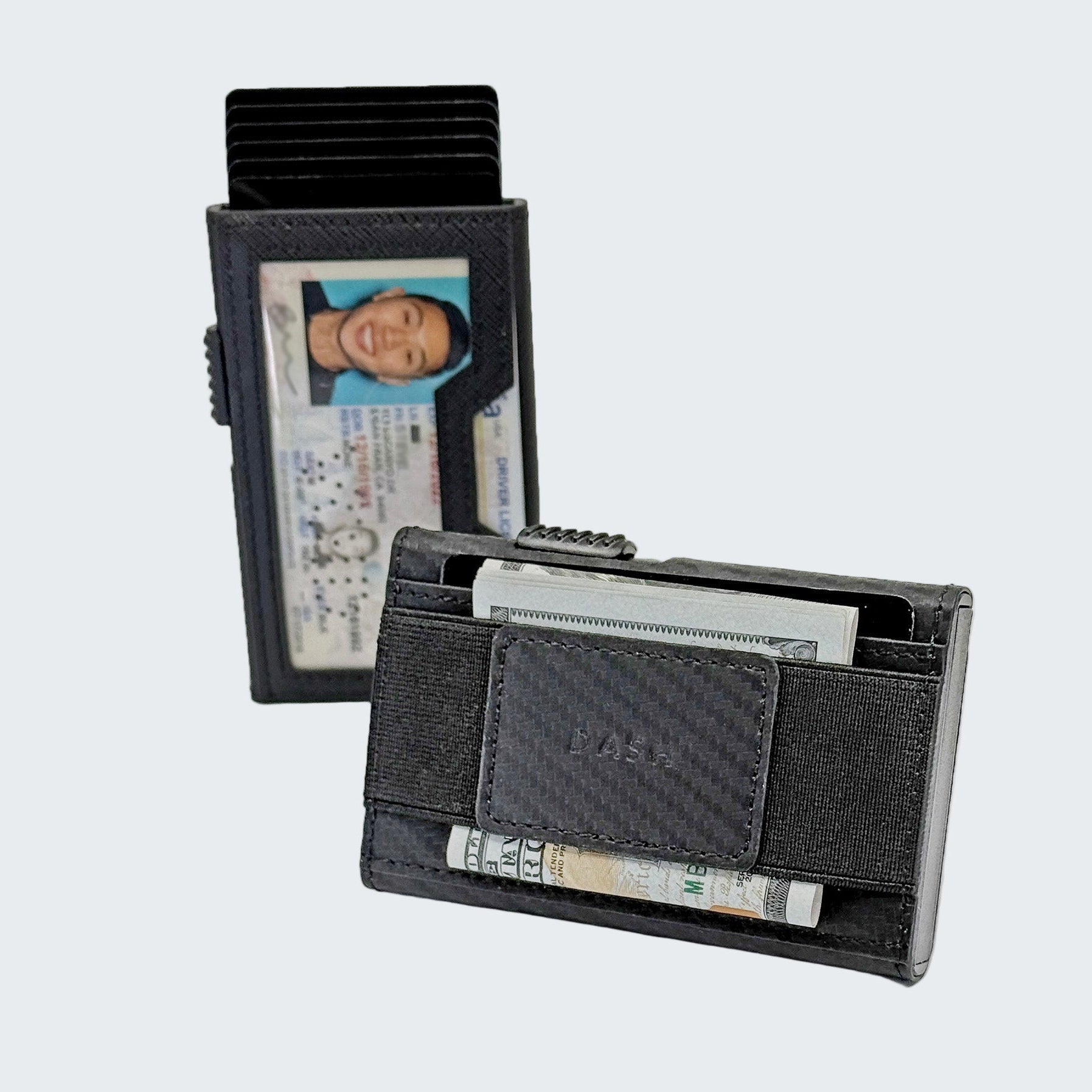 Carbon fiber wallet with card slots and cash pocket on a white background