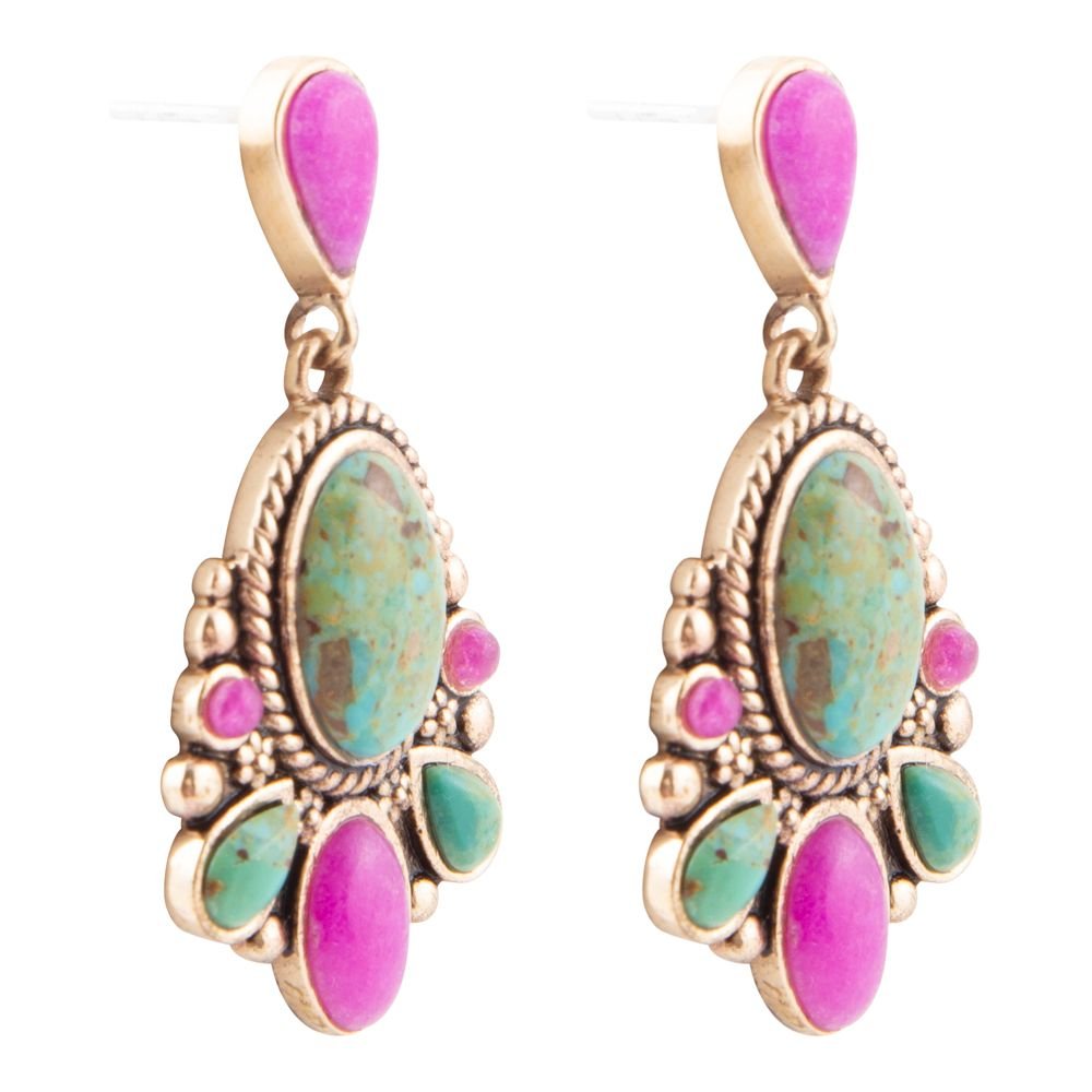 Pair of earrings with pink and green stones on a white background