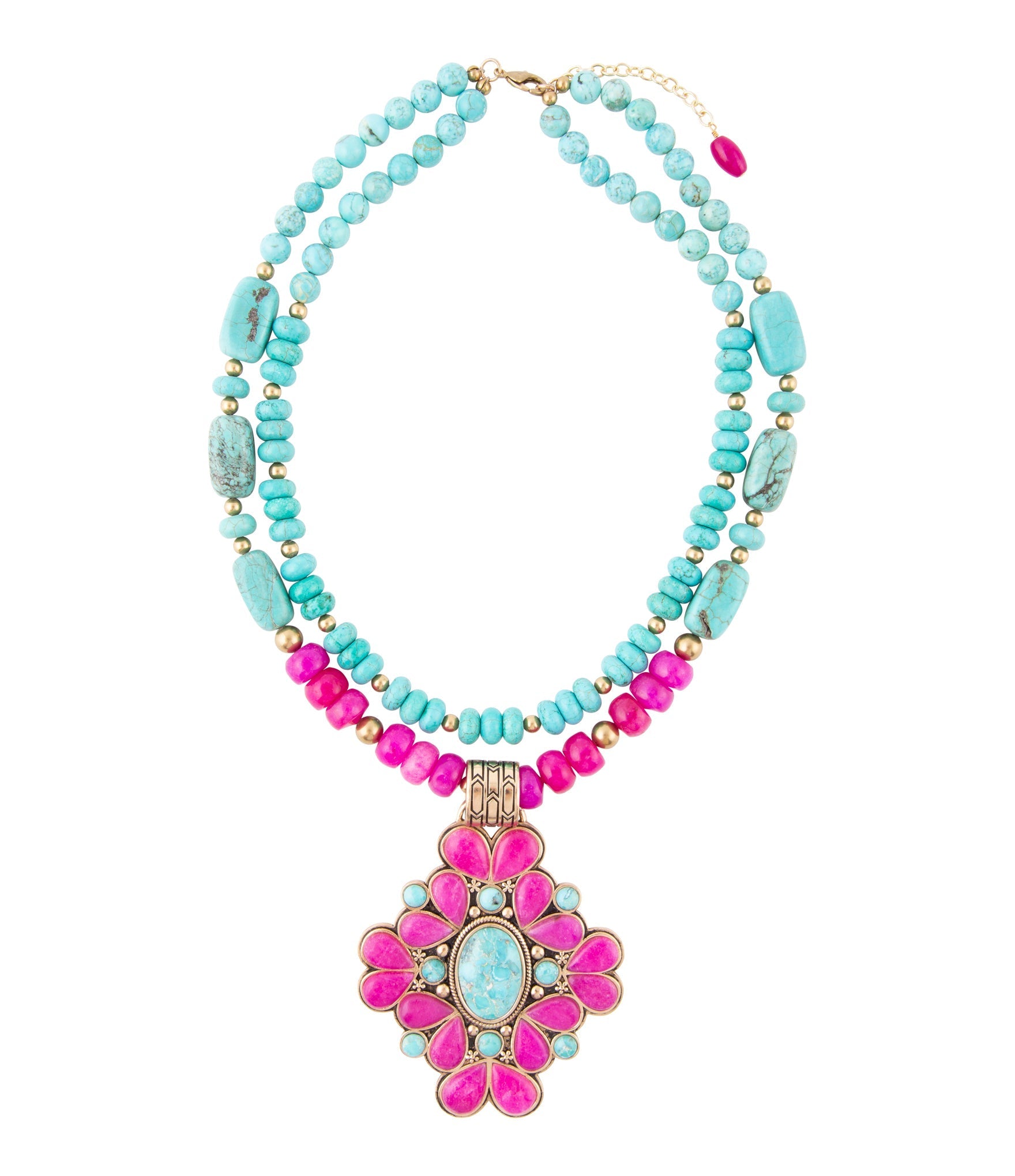 Necklace with turquoise and pink beads on a white background