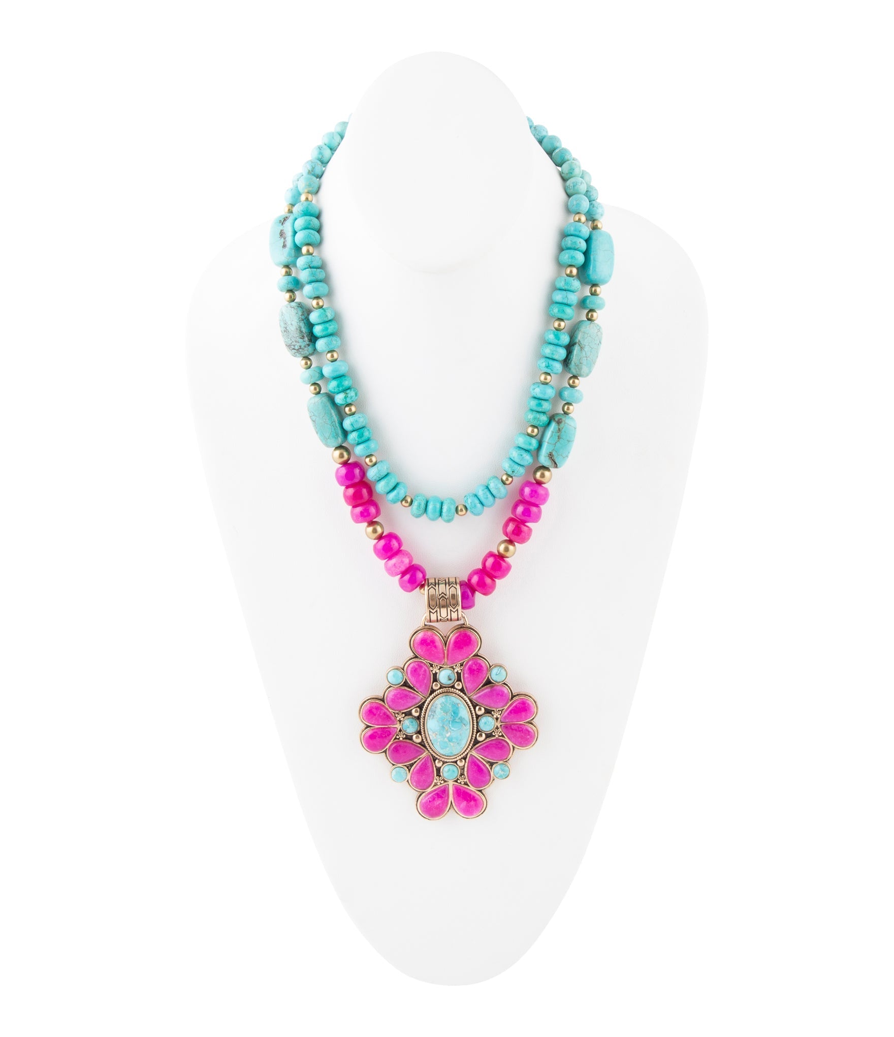 Necklace with turquoise and pink beads on a white background