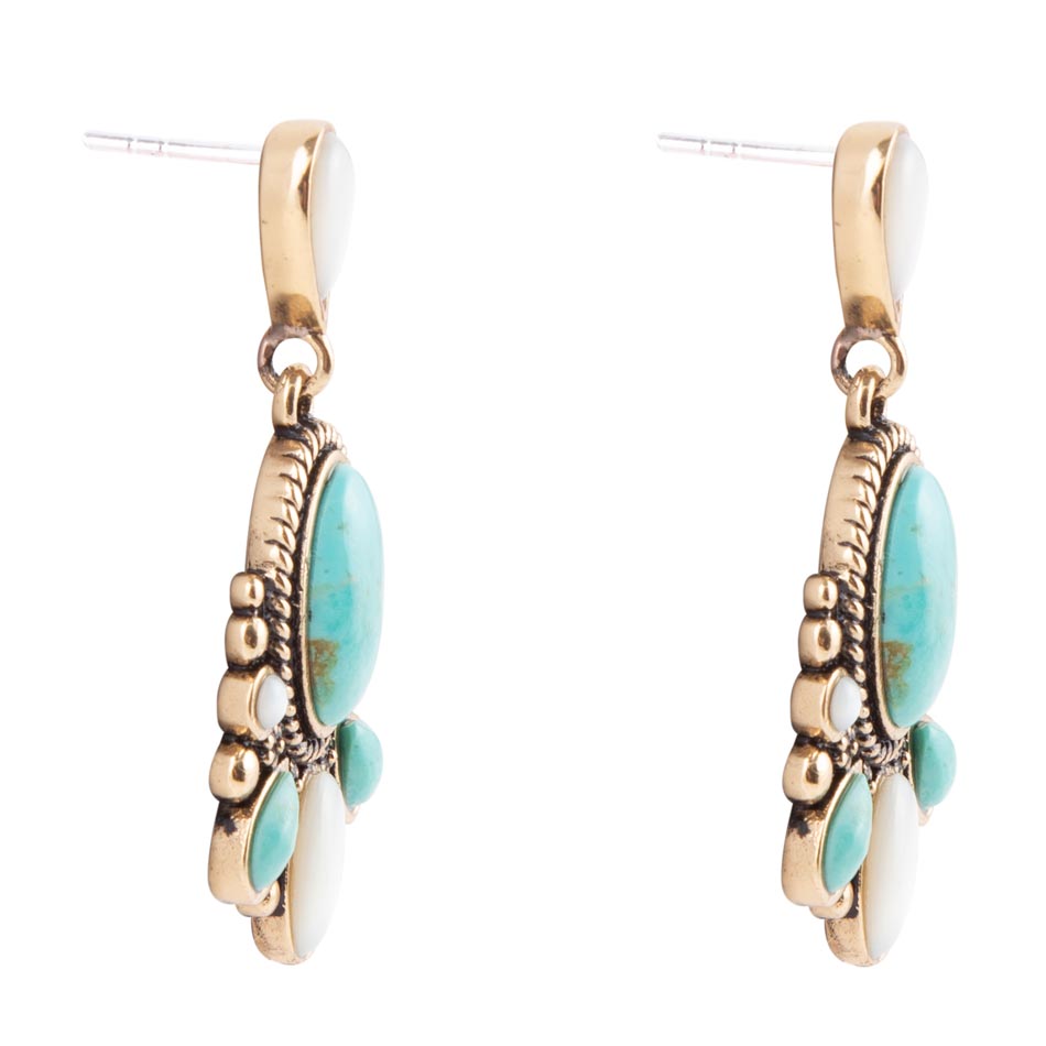Gold earrings with turquoise stones on a white background