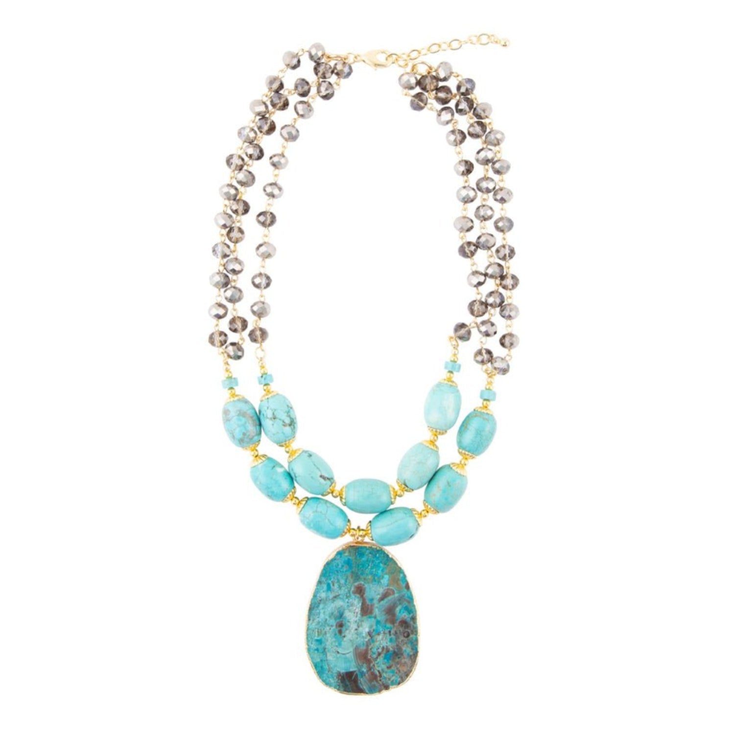 Necklace with turquoise beads and a large pendant on a white background