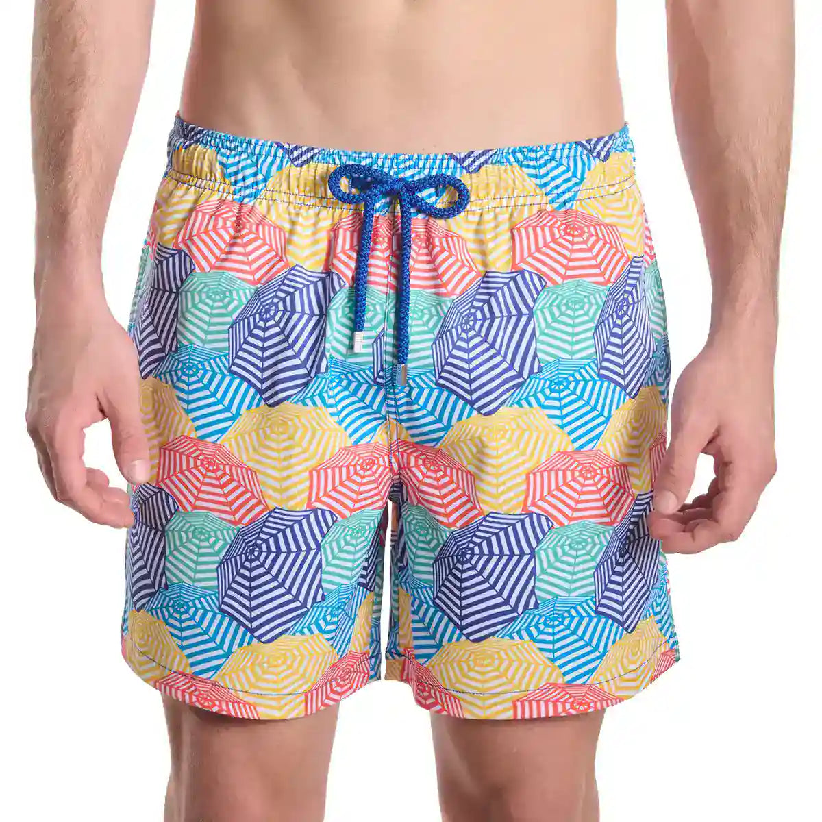 Colorful geometric patterned swim shorts on a white background