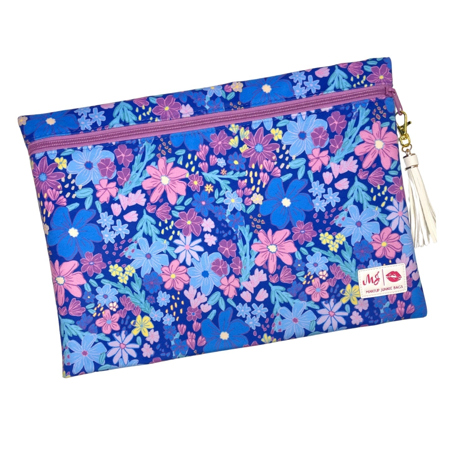 Floral-patterned pouch with a visible brand logo on a white background