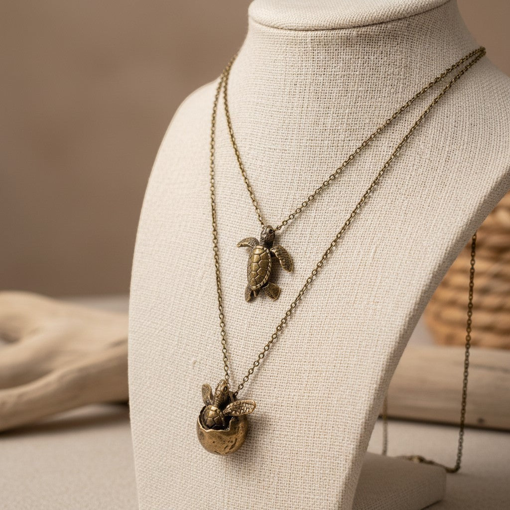 Necklace with turtle pendants on a mannequin bust against a neutral background