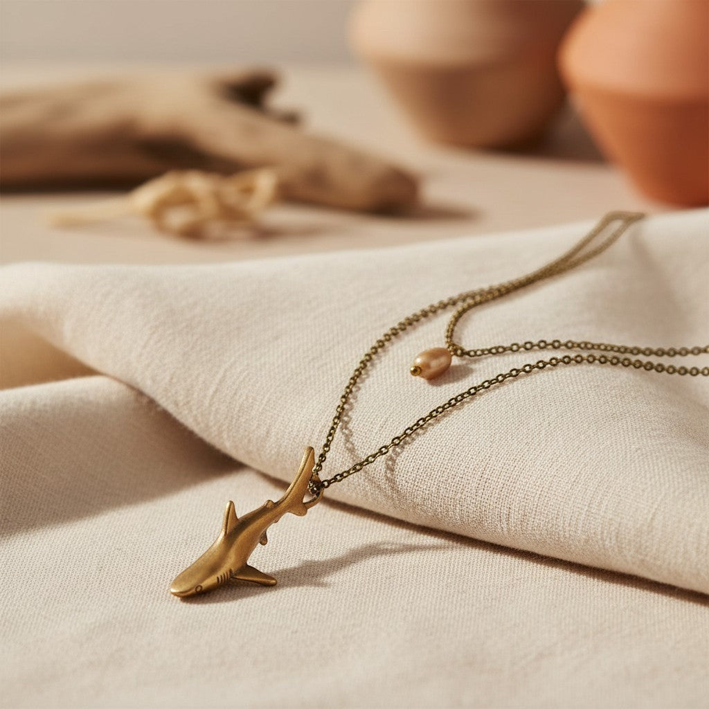 Big Blue Shark Pendant Layered Chain Necklace | Bronze | Ocean Breeze Collection