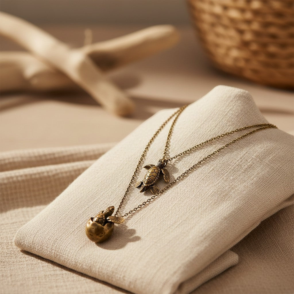 Two bronze necklaces with turtle pendants on a beige fabric surface.