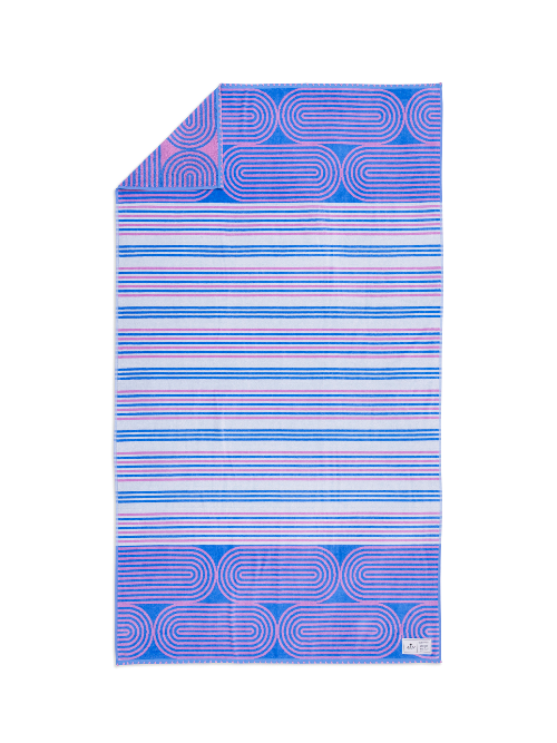 Blue and pink patterned towel on a white background