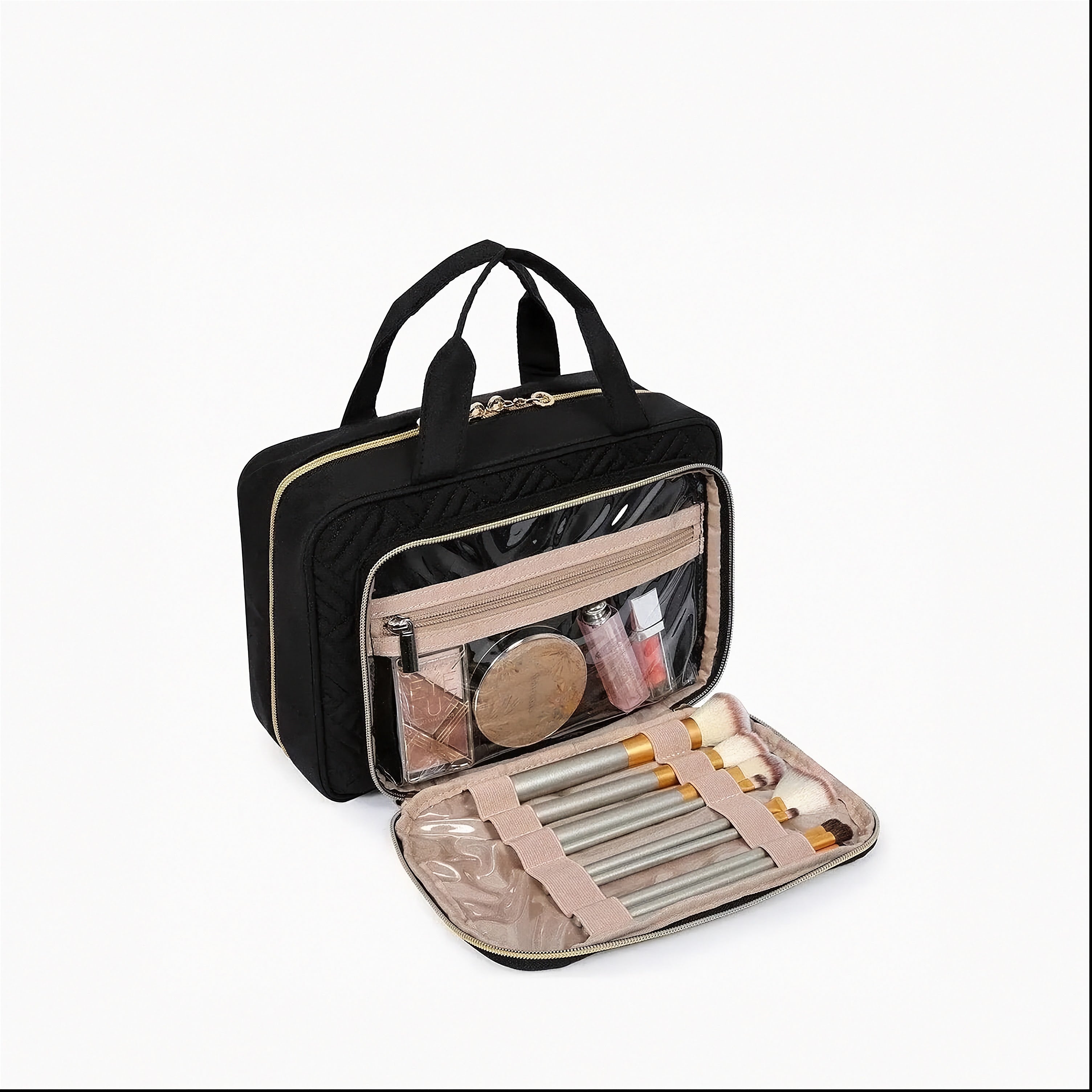 Black cosmetic bag with makeup items and brushes on a white background