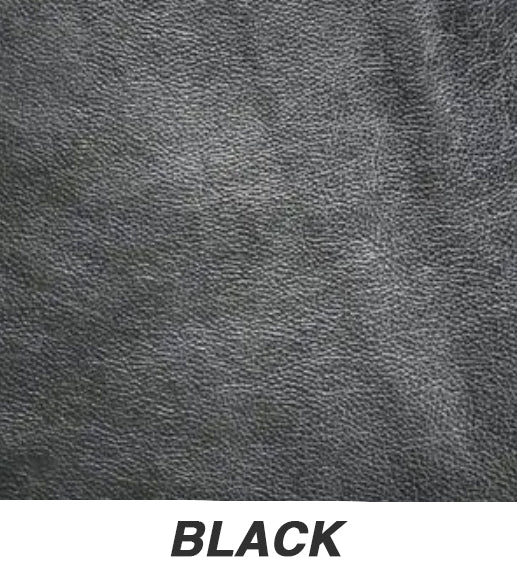 Close-up of black leather texture with 'BLACK' label at the bottom.
