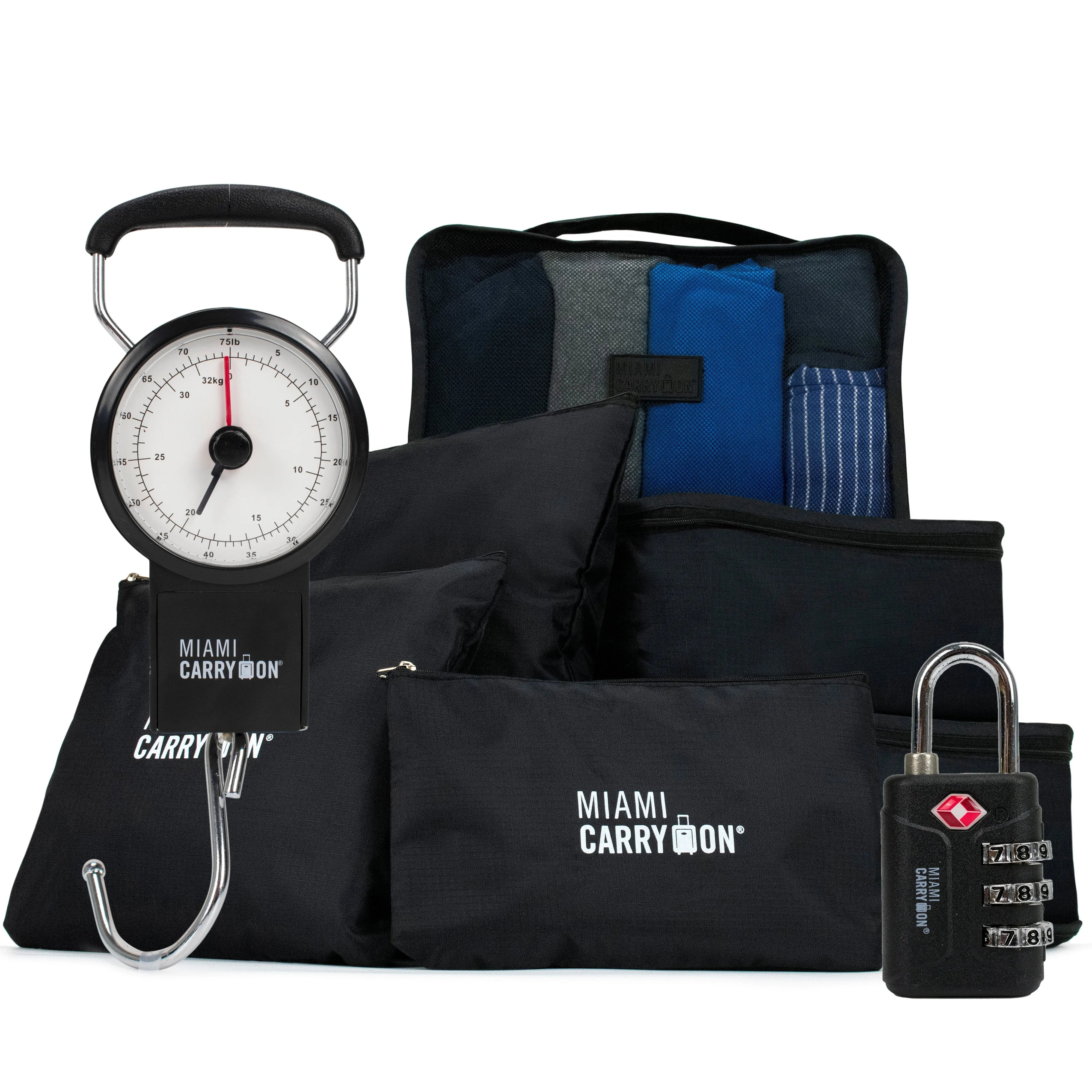 Collection of travel-related items including bags, a scale, and a lock with 'Miami Carry-On' branding on a white background.